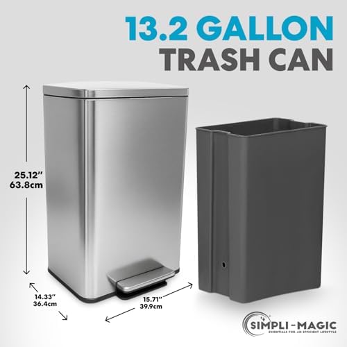 SIMPLI-MAGIC 50 Liter / 13.2 Gallon Soft-Close, Smudge Resistant Trash Can with Foot Pedal and Built in Filter- Stainless Steel, Sleek Finish
