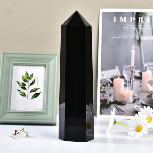 Large Black Obsidian Crystal Tower Natural Healing Crystal Point Wand Obelisk 6 Faceted Reiki Chakra Meditation Therapy Home Decor Gift 10-12 inch