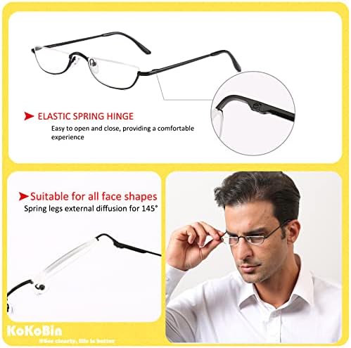 KoKoBin Half Reading Glasses - 2 Pairs Half Rim Metal Frame Glasses Spring Hinge Readers for Men and Women, Black+Gunmetal 1.50