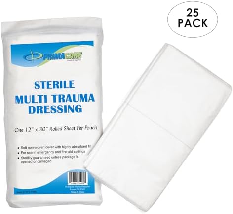 Primacare WT-7705-CS Pack of 25 First Aid Sterile Multi Trauma Gauze Pad Dressing for Stopping Heavy Bleeding in Large Open Wounds, Treating Lacerations and Piercing Injuries, 30" x 12", White