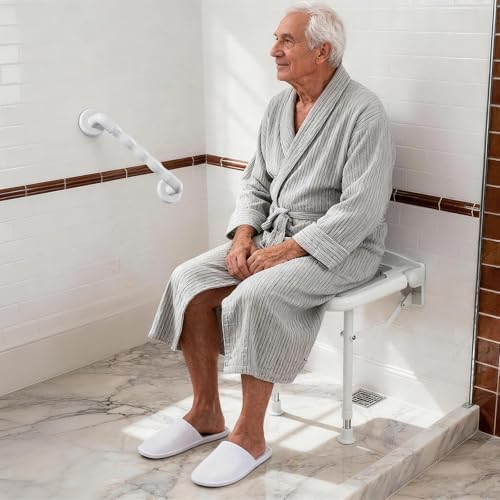 Wall Mounted Shower Seats with Bathroom Grab Bar, Support 550lbs, Adjustable Height Fold Down Shower Seat Wall Mounted, Folding Shower Bench Wall Mounted for Elderly-Adults-Pregnants-Seniors-Disabled