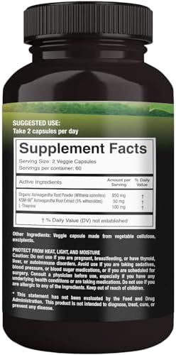 SUPREME HERBALS Organic Ashwagandha Capsules 500 mg with KSM-66® & L-Theanine, 120 Veggie Capsules – Non-GMO, Gluten-Free, Soy-Free – Withania Somnifera Herbal Supplement