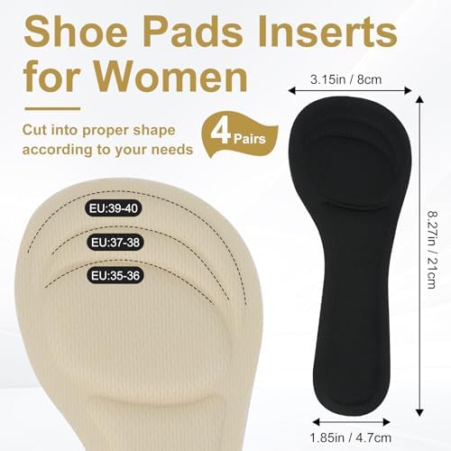 4 Pairs High Heel Inserts for Women and 2 Pairs Heel Cushion Pads, 2 Colors 3/4 Length Self-Adhesive Heel Pads & Shoe Inserts Anti-Slip Heel Grips for Women's 5-9 Highs Heels, Open Toes Flats