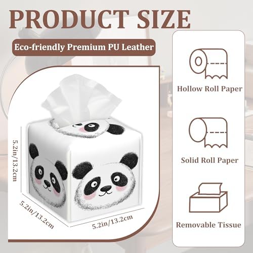 Cute Panda Square Tissue Box Holder Waterproof Leather Facial Paper Organizer Dispenser for Bathroom Home Kitchen Car Nightstand Vanity Desk，2Pack