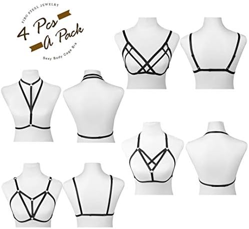 FIBO STEEL 4 Pcs Womens Strappy Cage Bra Sexy Bra Harness for Women