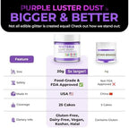 Bulk (20g) Purple Luster Dust Edible Glitter for Cocktails | Premium Edible Purple Luster Dust for Cake Decorations - Edible Glitter for Drinks Cupcakes Cookies Cakes Food Paint