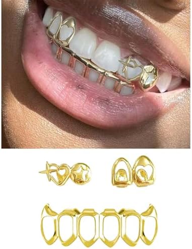 Gold Grillz Set Open Face Hip Hop Teeth Jewelry Gold Plated Dental Caps for Top Bottom Removable Grills for Men Women