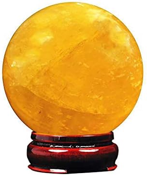Natural Yellow Calcite Ball Healing Quartz Gemstone Divination Sphere Figurine with Wooden Stand 50mm/1.96"