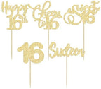 30 Pack Happy 16th Birthday Cupcake Toppers Gold Glitter Sweet 16 Cheers to 16 Years Old Birthday Cupcake Picks for Happy 16th Anniversary Party Cake Decorations