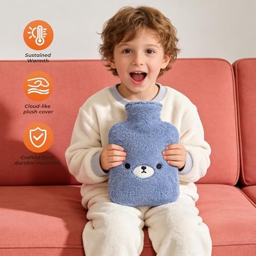 samply Hot Water Bottle with Cute Fleece Cover, Hot Water Bag for Hot and Cold Compress, Hand Feet Warmer, Neck and Shoulder Pain Relief, Navy Blue Bear