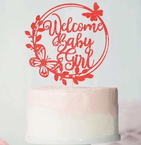 Welcome Baby Girl Cake Topper - Red Glitter Baby Shower Cake Decorations, Baby Girl Cake Decor, for Baby Shower/Birthday Party/Gender Reveal Party Photo Booth Props