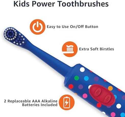 Amazon Basics Kids Electric Toothbrush, Battery Powered, Soft Bristles, Oscillating Brush Head, Ages 4+, 2 Count, 1-Pack (Previously Solimo)