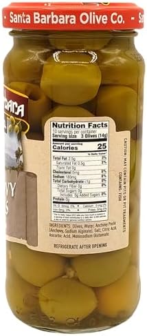 Santa Barbara Green Olives Pitted Anchovy Stuffed, Perfect for Charcuterie Boards, Salads, Pizza, and Pasta, 3 Pack, 5oz (142grams) Each