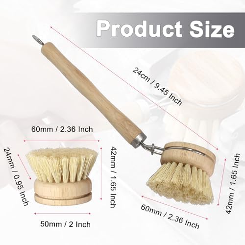 Wooden Dish Brush Set, 4 Natural Bristle Replacement Heads with 1 Sturdy Wooden Handle, Sisal Kitchen Scrub Brush for Pots, Pans, Vegetables and Cookware