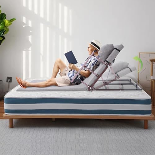 Electric Lifting Bed Backrest, Portable Medical Pillow Lifter with Remote Control, Folding Guardrail, Long Mat, 661lbs Capacity, 2-80° Adjustable Back Rest for Bed Sitting (Gray)