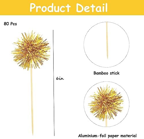 80 Pcs Firework Cupcake Topper Gold Graduation Cake Decorations Foil Frill Toothpicks for Party Decoration, Cake Toppers, Picnics, Bar, Birthday, Holiday (Gold)