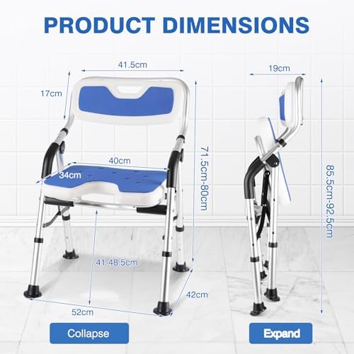 DEWEL Foldable Shower Chair for Elderly and Disabled, Folding Shower Seat with Armrests and Back Height Adjustable, Aluminum Alloy Bath Seat for Inside Shower, Comfortable, 330 lbs Capacity(Blue)