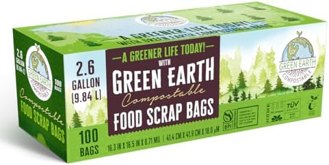 Green Earth Compostable Small Kitchen Food Scrap Trash Bags, Extra Thick 0.71 Mil, Compost Bin Compatible, 2.6 Gallon, 10 Liter, 100-Count, ASTM D6400, BPI (US) & OK Compost Home (EU) Certified