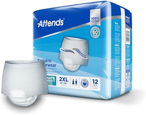 Attends Bariatric Adult Incontinence Underwear, 2X-Large (68–80”), [12 Count] – Overnight Absorbency for Men and Women, Disposable Pull-On Diapers with Tear-Away Sides, AU50