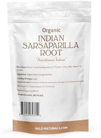 Halo Naturals Organic Sarsaparilla Root Cut & Sifted (Indian), 4 Ounces (Hemidesmus indicus) USDA Certified | Resealable Pouch| Packaged in The USA