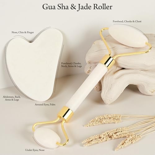 Real Perfection Gua Sha Facial Tools Face Roller for Wrinkles Jade Roller and Gua Sha Set, Scrubber Pore Brush Headband Skin Care Tools for Travel Skincare Routine Massaging Reducing Puffiness - White