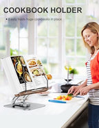 Tounee Book Stand for Reading, Adjustable Book Holder with 360° Swivel Base, Foldable Cookbook Stand Recipe Book Holder with Elastic Page Clips for Music Scores, Recipe, Tablet, Laptop-Silver