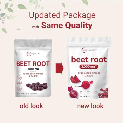 Micro Ingredients Beet Root 3,000mg with Grape Seed Extract & CoQ10, 400 Tablets | 200 Servings | Super Beets Supplements from Fresh Beetroot Extract