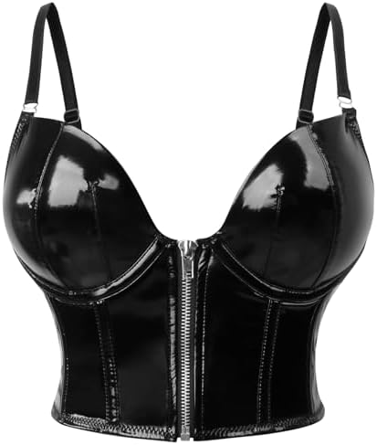 Charmian Women's Punk Gothic PU Leather Push Up Corset Bra Bustier Crop Top