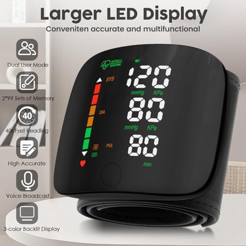 Double love Wrist Blood Pressure Monitor Led Display, Touch Screen Wrist Blood Pressure Cuff 99x2 Reading Memory Wrist Bp Monitor with Carrying Case(Black)
