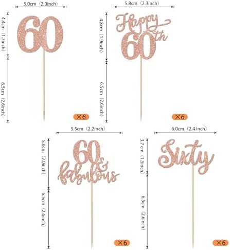 Rsstarxi 24 Pack 60th Birthday Cupcake Toppers Glitter 60 Fabulous Cake Decorations Sixty Happy 60 Birthday Cupcake Toothpicks for 60th Birthday Anniversary Party Decorations Rose Gold