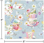 Tea Cups Beverage Napkins, 3-Ply, 5x5 Inch, 40 Count, Whimsical Floral Teacup Design for Mother's Day, Tea Parties, Bridal Showers