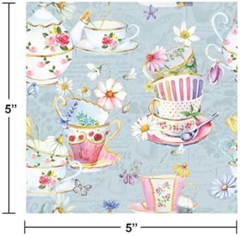Tea Cups Beverage Napkins, 3-Ply, 5x5 Inch, 40 Count, Whimsical Floral Teacup Design for Mother's Day, Tea Parties, Bridal Showers