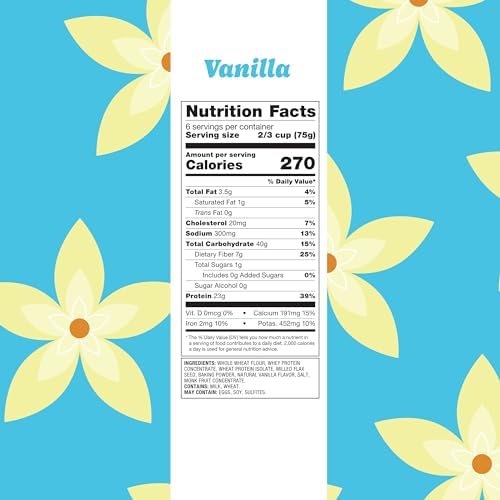 Flourish Protein Pancake & Waffle Mix, with Whey Protein & Flax Seed, No Added Sugar, High in Protein & Fiber - Just Add Water - Vanilla Flavour, 430g (2 Pack) - Made in Canada