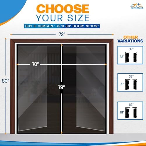 Magnetic Screen Door for 72"x80" French Door, Durable Fiberglass Double Door Screen Mesh Curtain Fits Door Opening up to 70" x79‘’ Keep Bugs Out