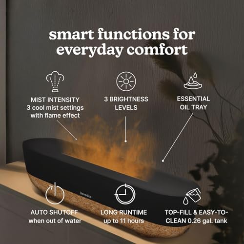 Homedics Fireside Ultrasonic Humidifier, Medium Sized Rooms, Visible Flame-Effect Cool Mist, 0.26-Gal Top-Fill Tank, Dry Air Relief at Home, Breathe & Sleep Better, Aromatherapy
