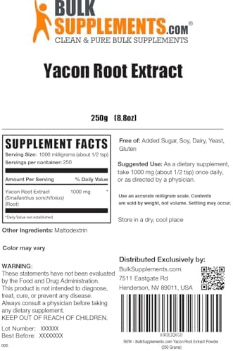 BulkSupplements.com Yacon Root Extract Powder - Sugar Substitute, Natural Fiber Sweetener - Gluten Free, 1g per Serving, 250g (8.8 oz) (Pack of 1)