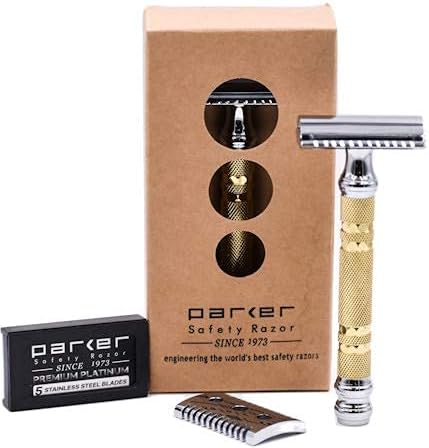Parker, "The Convertible", Double Edge Safety Razor – Interchangeable Open & Closed Comb Plates, Solid Brass/Chrome 93 g Handle, Customizable Shave from Mild to Aggressive