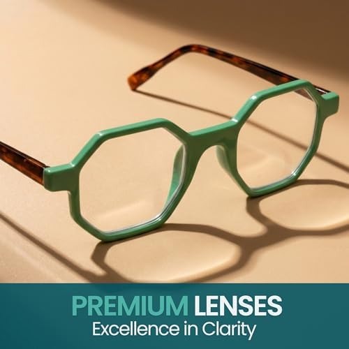 2SeeLife Oversized Hexagon TR-90 Reading Glasses for Men & Women – Medium–Wide Fit, Durable, Spring Hinges, Premium Readers, Green, +2.25