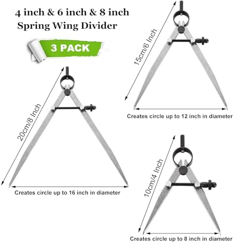 3 Pack Adjustable Spring Wing Divider, 4/6/8 Inch Steel Lockable Divider Wing Compass, Precision Compass Geometry Tool for Drawing Drafting Woodworking Leather Craft