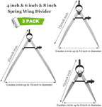 3 Pack Adjustable Spring Wing Divider, 4/6/8 Inch Steel Lockable Divider Wing Compass, Precision Compass Geometry Tool for Drawing Drafting Woodworking Leather Craft