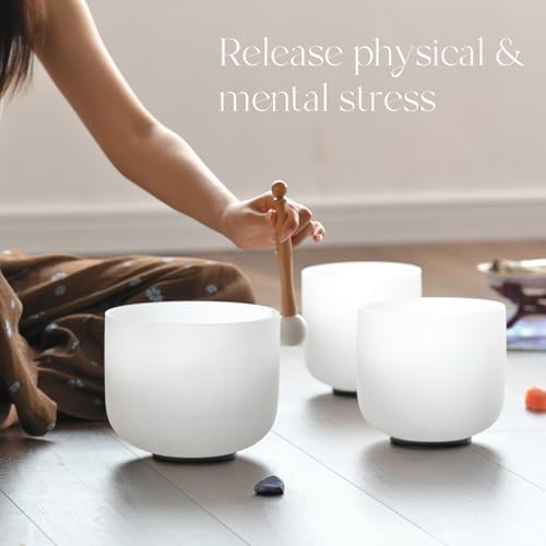 CVNC 432HZ 6"A Third-eye, 7"C Root, 8"F Heart Frosted Quartz Crystal Singing Bowl Chakra Set of 3 with Carry Case Bag for Sound Healing and Meditation