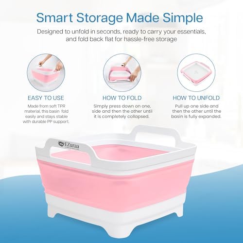 EZuraa 2.4 gal(9L) Pink Collapsible Dish Basin, Portable Sink or Dish Pan for Kitchen Sink with Drain Plug/Strainer, Space Saving Baby Bottle Wash Basin Collapsible Bucket, Beverage Tub for Camping