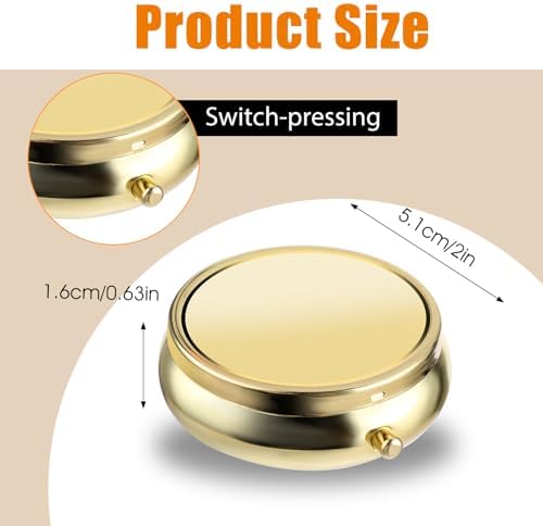 Small Pill Box for Purse, Travel Pocket Medicine Organizer, Waterproof Metal Pill Compact Case Container for Fish Oil, Supplements, Gold
