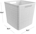 Curver Set of 4 Large Cube 17L Jute Decorative Plastic Organization and Storage Baskets - Perfect Bins for Home Office, Closet Shelves, Kitchen Pantry and All Bedroom Essentials, White