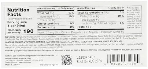 California Gold Nutrition Foods, Peanut & Dark Chocolate Chunk Bars with Dry Roasted Almonds, Chicory Root Fiber, Pea Crisps and Honey, 12 Bars, 1.4 oz (40 g) Each