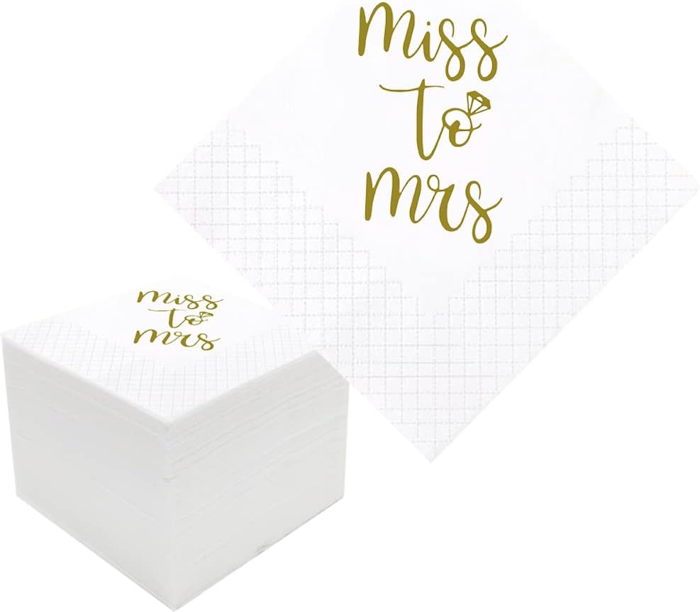Bridal Shower Cocktail Napkins, 100 Pack Gold From Miss To Mrs Disposable Paper Napkins for Bridal Shower Engagement Wedding Bachelorette Table Decorations| 2-Ply, 5x5 Inches (Miss To Mrs)