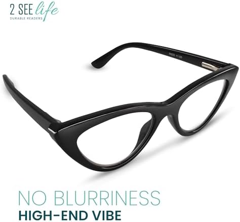 2SeeLife Premium Cat Eye TR-90 Reading Glasses for Women – Narrow–Medium Fit, Sturdy Frame, Spring Hinges, Stylish Readers, Black, +1.00