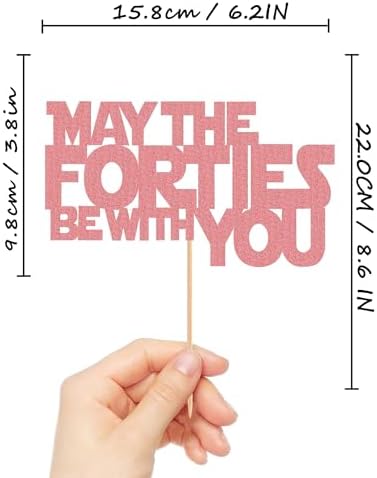 May The Forties Be With You Cake Topper - Glitter Pink 40th Birthday Cake Decorations, 40th Wedding Anniversary Cake Pick (Pink)