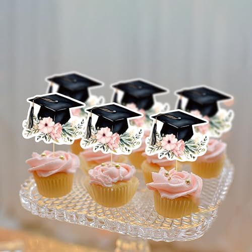 24PCS Graduation Hat Cupcake Toppers Wafer Paper Class of 2026 Grad Cap Cupcake Picks for 2026 Graduation Theme Party Cake Decorations Supplies