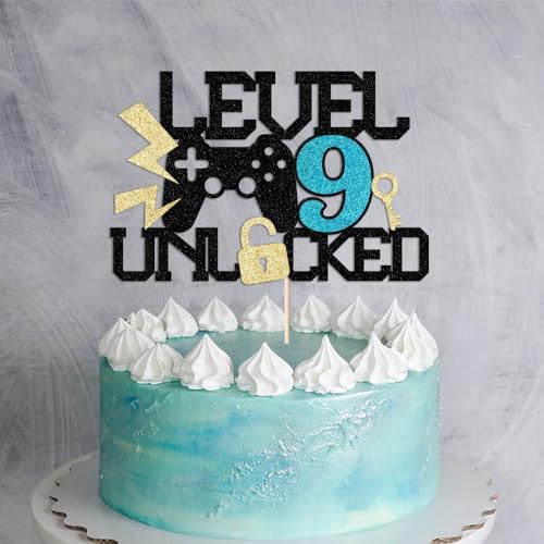Level 9th Unlocked Cake Topper, Boy Girl 9th Birthday Party Cake Topper, for Video Game Controller Themed/Unlocked Level Up Birthday Party Decoration Supplies (9)